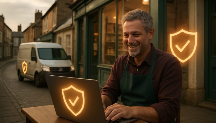 Tiverton shopkeeper smiles at Shopify laptop with delivery vans and GDPR shields on Devon high street