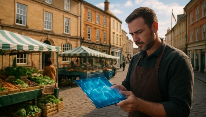 Shopkeeper analyzing holographic search trends on tablet along Royal Wootton Bassett high street with Georgian buildings