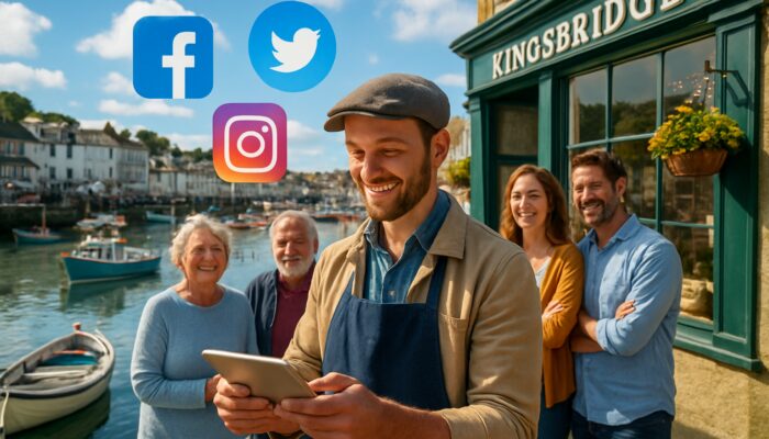 Shopkeeper posts on tablet amid floating social icons in sunny Kingsbridge harbor with locals.