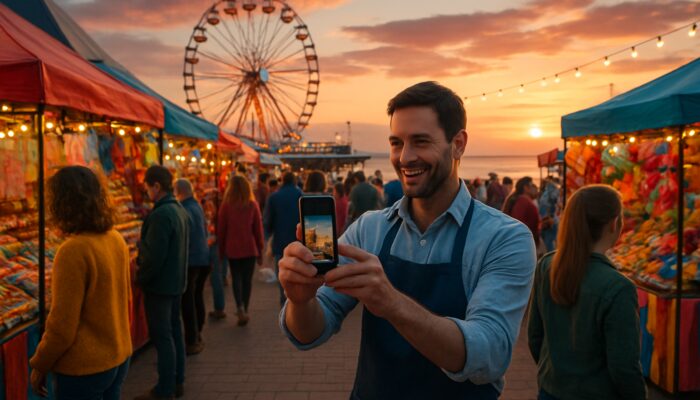 Bustling Weston-super-Mare Carnival at sunset with locals at colorful market stalls and cafe owner on Instagram