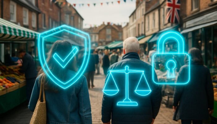 Vibrant Ivybridge marketplace with glowing digital shields and scales symbolizing GDPR compliance and consumer trust.