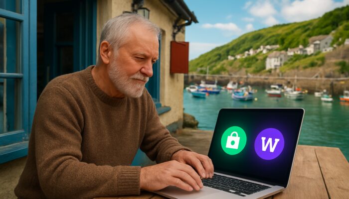 Ilfracombe harbor shop owner using laptop with Shopify and WooCommerce dashboards by UK coast