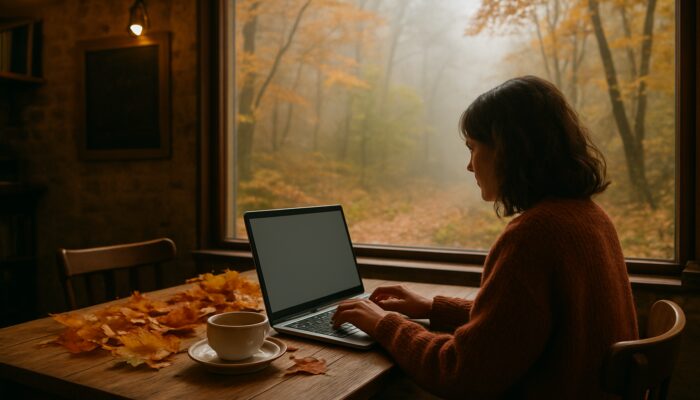 Cozy Lydney cafe scene with owner blogging about local festivals on laptop amid autumn leaves in misty Forest of Dean
