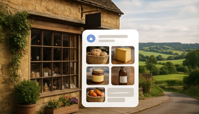 Quaint Cotswolds shopfront in Moreton-in-Marsh with glowing Google My Business overlay and hills