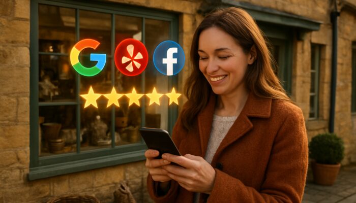 Smiling customer posts five-star review on phone in Moreton-in-Marsh Cotswolds shop with Google Yelp Facebook icons