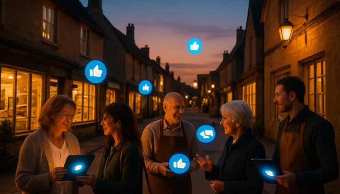 Moreton-in-Marsh shop owners promoting local offers via glowing Facebook ads on tablets at dusk