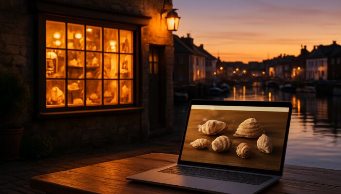 Cozy Weymouth harbor at dusk with laptop showing small business online store of seashell products