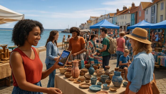 Vibrant Weymouth coastal marketplace with artisans showcasing local crafts at sunny community events.