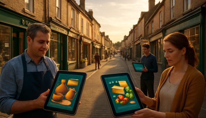 Merchants on sunny Melksham high street showcasing regional crafts ecommerce on tablets