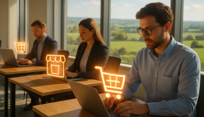 Ecommerce experts in sunlit Melksham office with laptops, code, Wiltshire views and glowing digital storefronts.