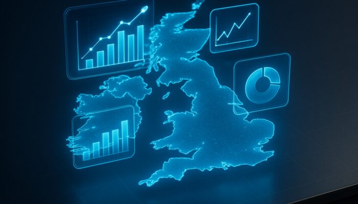 Small Budget SEO: Holographic UK map displaying glowing business analytics charts for websites, social engagement and SEO by region