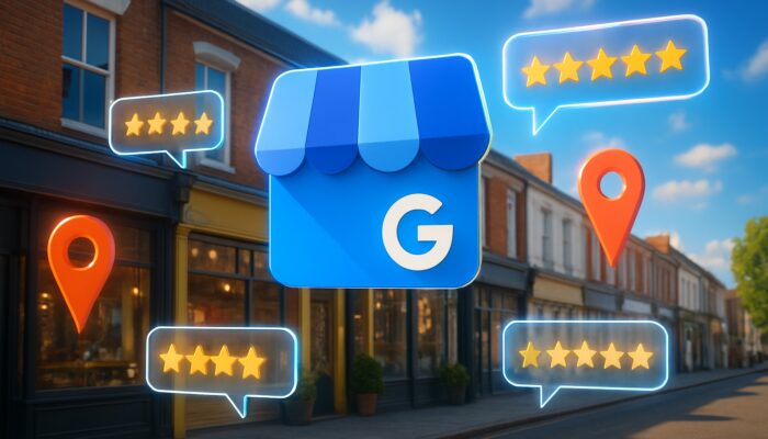 UK high street shop with glowing Google My Business overlay, floating reviews, and map pins attracting customers.