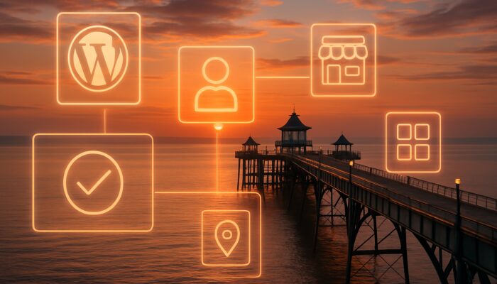 Clevedon pier at sunset with glowing WordPress interfaces and local brand icons overlay