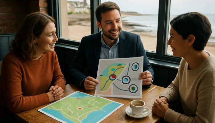 Local marketing consultant meets clients in cozy Clevedon seaside café with strategy maps