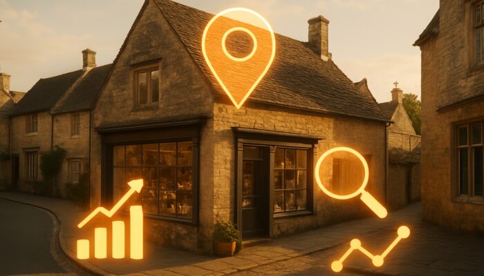 Quaint Corsham stone shop overlaid with glowing local SEO map pins and rankings
