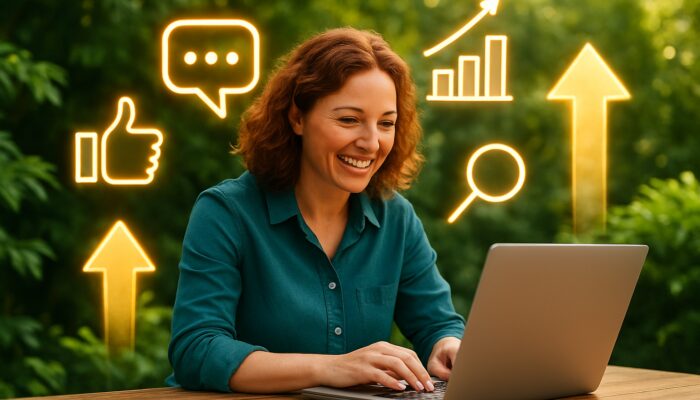 Kingswood small business owner at laptop with glowing SEO, social media icons and growth charts