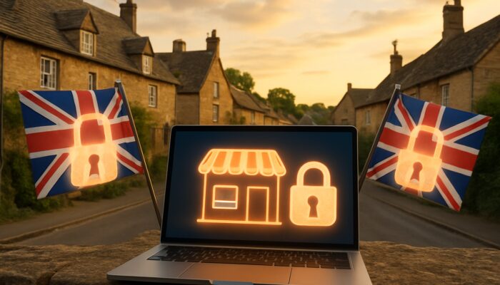 Quaint Royal Wootton Bassett village with glowing laptop showing secure UK e-commerce hosting