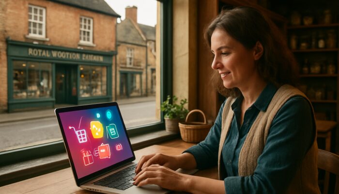 Small business owner setting up WooCommerce store on laptop in historic Royal Wootton Bassett shop