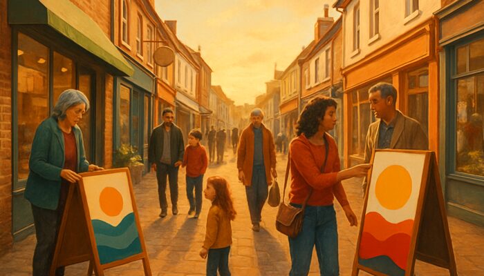 Diverse locals and visitors engaging with personalized marketing signs on Nailsea's bustling high street.