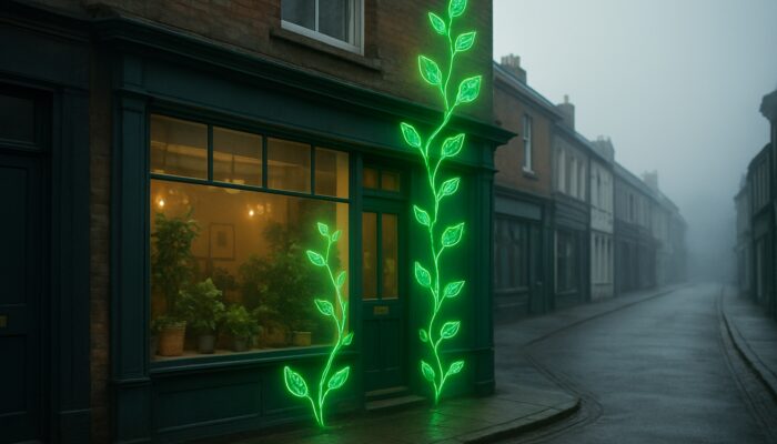 Quaint British storefront with glowing SEO vines climbing on misty UK high street