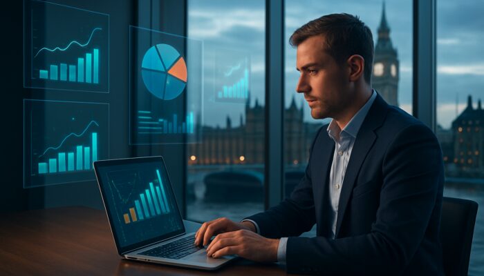 British entrepreneur analyzing website traffic and local SEO dashboards in London office overlooking Big Ben.