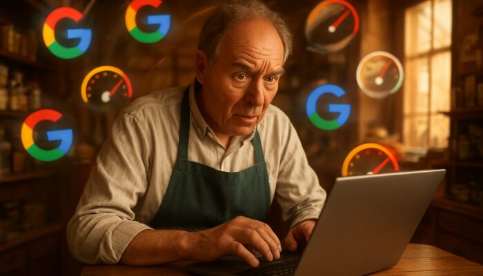 British shopkeeper anxiously optimizing mobile site speed on laptop amid Google icons in village store
