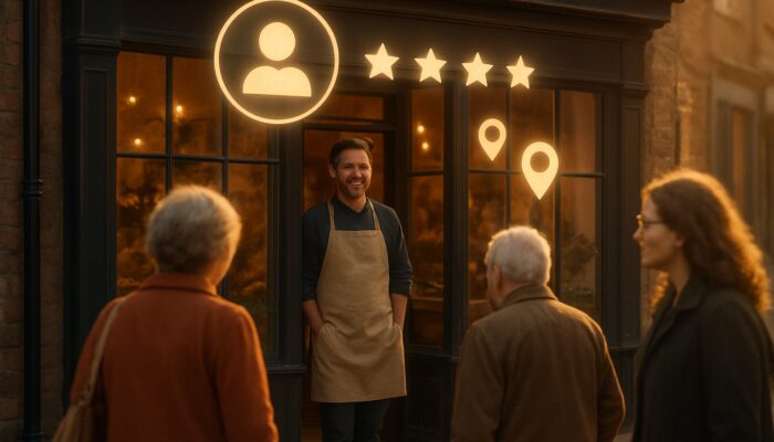 Quaint Taunton shopfront with glowing Google My Business reviews, stars, and location pins at dusk