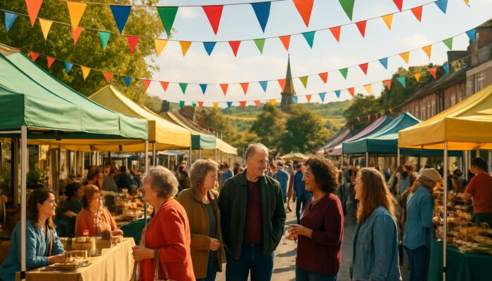 Vibrant Taunton market festival with small business stalls and locals in sunny Somerset countryside