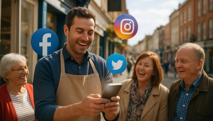 Taunton shop owner holding glowing smartphone with floating Facebook, Instagram, Twitter icons engaging local customers.
