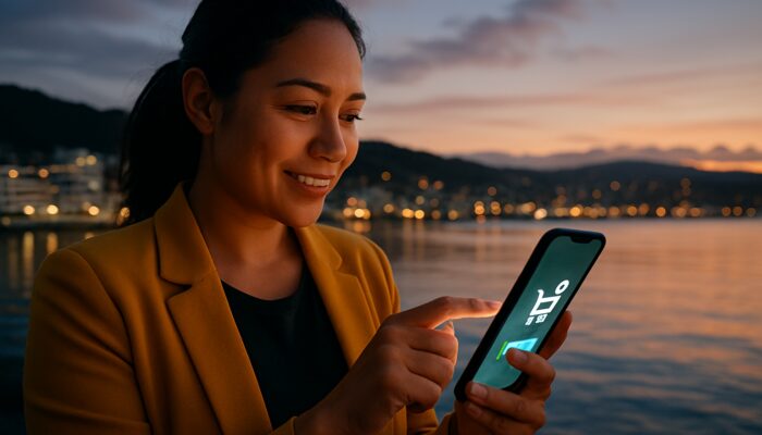 E-Commerce Marketing in Wellington: entrepreneur using Shopify mobile app on smartphone by New Zealand harbor at dusk