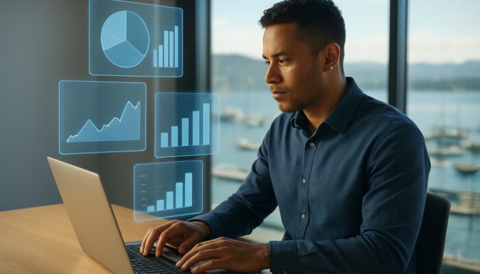 Wellington entrepreneur analyzes holographic UK e-commerce dashboards and market gap charts in sunlit office