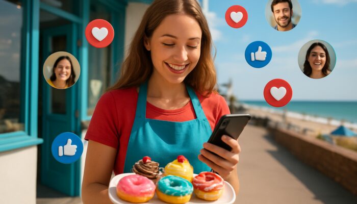 Social Media Management Services in Bournemouth: cafe owner sharing colorful pastries on Instagram and Facebook amid floating likes in sunny seaside setting.