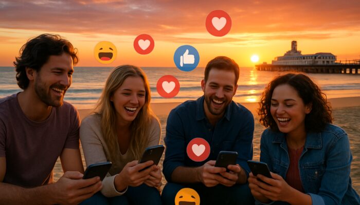 Bournemouth beach sunset with locals laughing at viral posts on phones amid floating likes and pier backdrop