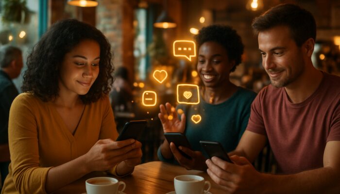 Bournemouth cafe locals viewing Instagram Stories specials beside charity Facebook Live stream with glowing icons.
