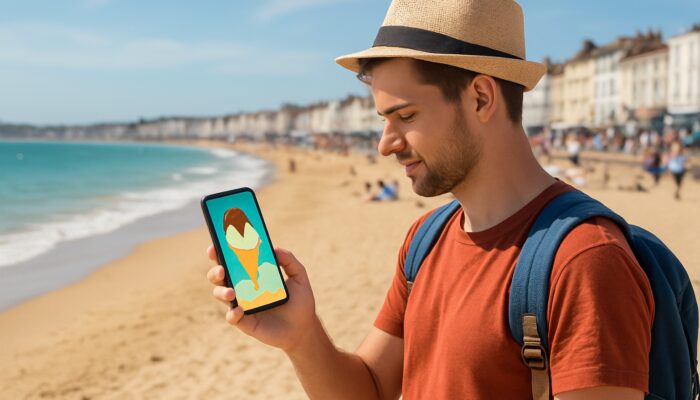 Tourist on sunny Weymouth beach views geofenced pop-up ice cream ad on phone amid golden sands and waves.