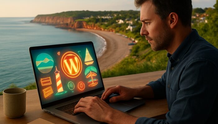 Coastal designer in Budleigh Salterton crafting glowing WordPress plugins with Devon cliffs and tourism icons on laptop.