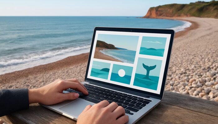 Designer reviewing WordPress portfolio on laptop overlooking Budleigh Salterton pebble beach