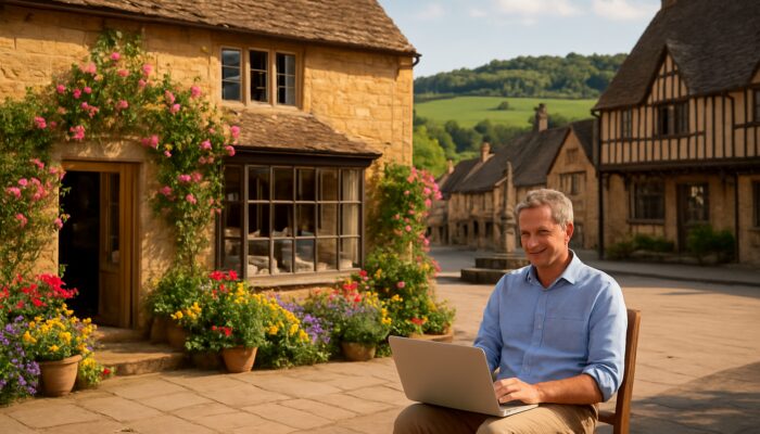 Charming Cotswold stone shop owner with laptop in sunny Chipping Campden market square amid flowers and hills