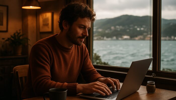 Small business owner typing blog post on laptop in cozy Wellington cafe overlooking harbor.