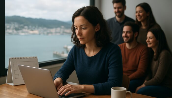 Wellington blogger typing at laptop overlooking harbor with calendar and engaged audience