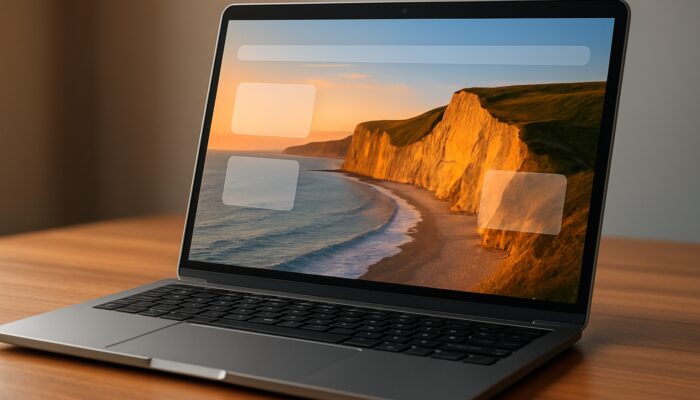 Laptop displaying Bridport shop website with fast-loading images and alt text labels over Dorset sunset cliffs.