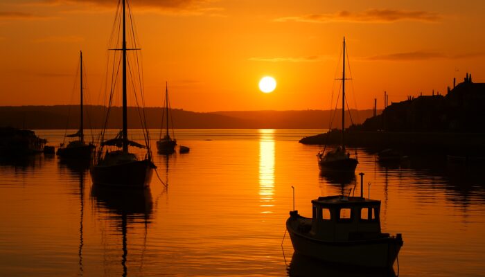 Serene sunset over Bridport Harbour with silhouetted boats on calm Dorset waters