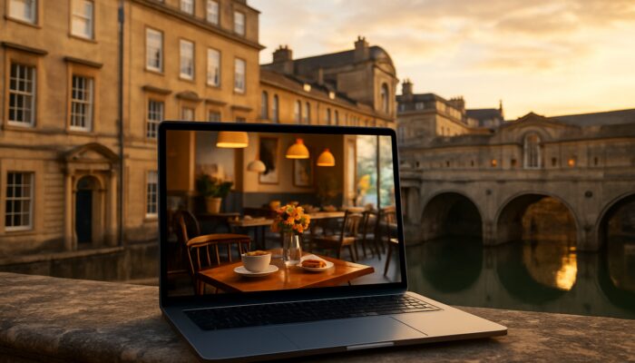 Laptop displaying vibrant Bath cafe website against Roman Baths and Georgian facades at golden hour