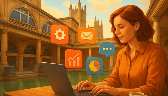 Small business owner redesigning website on laptop amid Roman Baths, mobile icons, SEO charts and feedback bubbles.