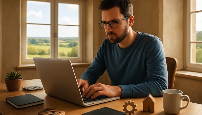 Writer typing blog posts on laptop in sunlit Patchway cottage with Gloucestershire countryside views and small business icons