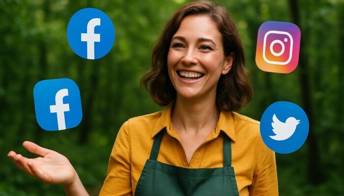 Small business owner in Coleford Forest of Dean with floating Facebook Instagram Twitter icons amid green trees