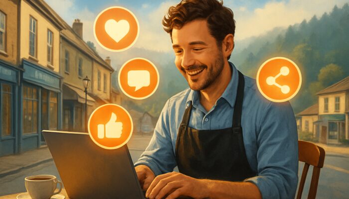 Coleford cafe owner managing social media on laptop with glowing likes icons and Forest of Dean views