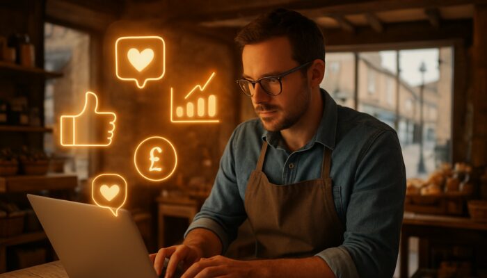 Small business owner reviewing social media budgets on laptop in rustic Coleford shop with charts and icons
