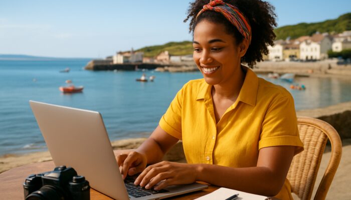 Seaton small business owner creating social media content on laptop at sunny seaside cafe with harbor view.