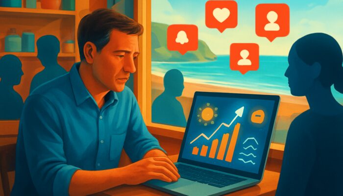 Seaton shop owner analyzes glowing market trends and social media notifications on laptop with customer icons